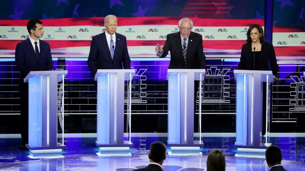 PHOTO: Pete Buttigieg, Joe Biden, Bernie Sanders and Kamala Harris participate in the second night of the first 2020 democratic presidential debate at the Adrienne Arsht Center for the Performing Arts in Miami, June 27, 2019.