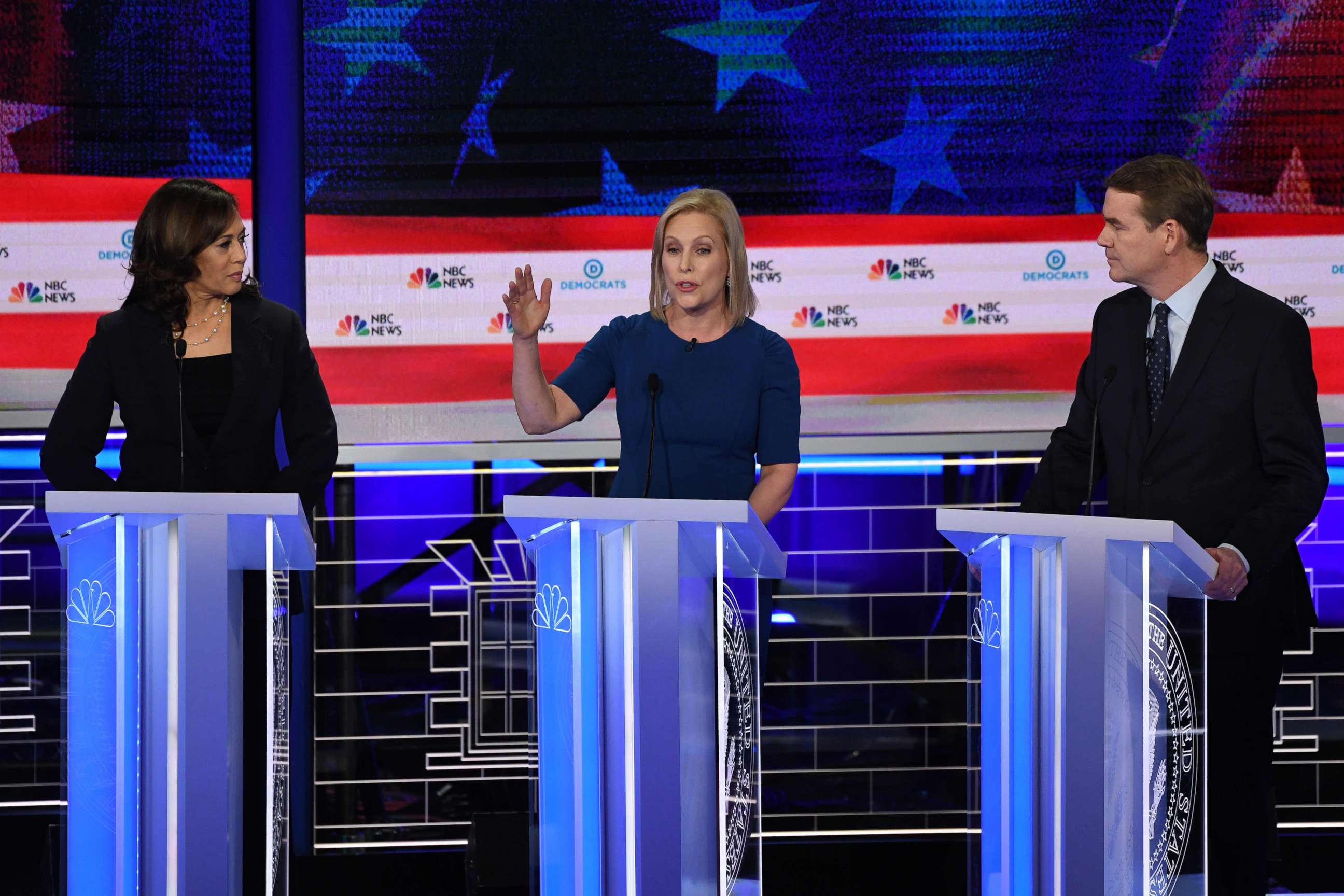 PHOTO: Kamala Harris, Kristen Gillibrand and Michael Bennet participate in the second night of the first 2020 democratic presidential debate at the Adrienne Arsht Center for the Performing Arts in Miami, June 27, 2019.