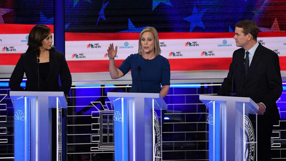 PHOTO: Kamala Harris, Kristen Gillibrand and Michael Bennet participate in the second night of the first 2020 democratic presidential debate at the Adrienne Arsht Center for the Performing Arts in Miami, June 27, 2019.