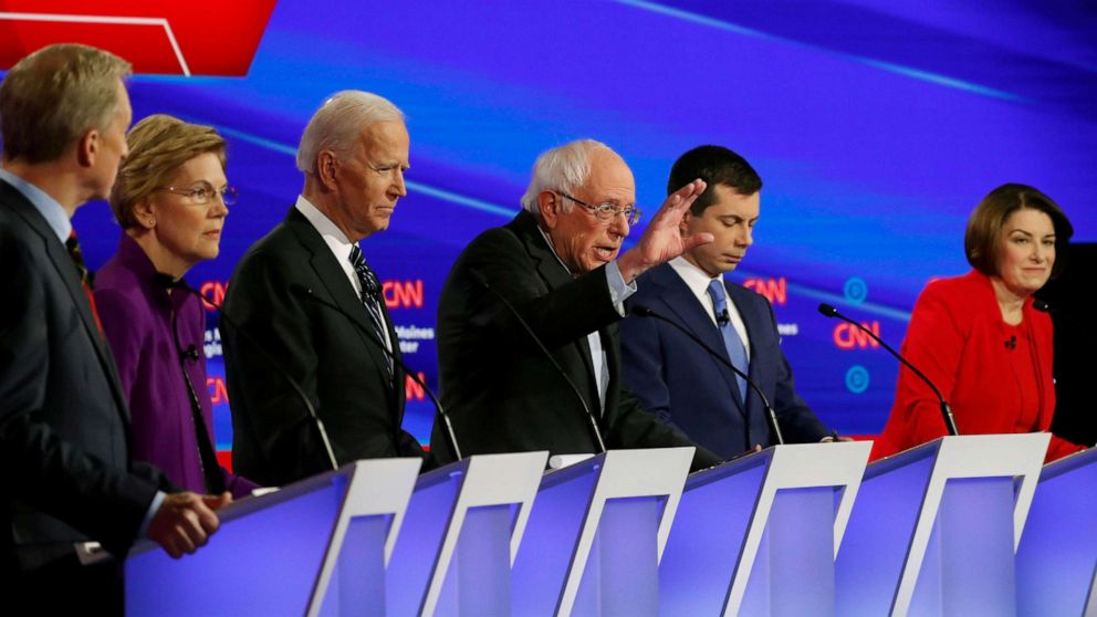 PHOTO: Democratic presidential candidates billionaire Tom Steyer, Sen. Elizabeth Warren, D-Mass., former Vice President Joe Biden, Sen. Bernie Sanders, I-Vt., former South Bend, Indiana, Mayor Pete Buttigieg and Sen. Amy Klobuchar, D-Minn.