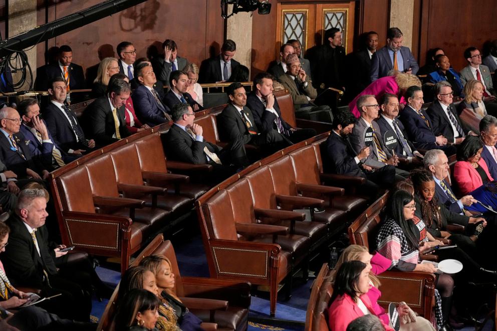 PHOTO: Seats are empty on the Democratic side of the aisle as President Donald Trump addresses a joint session of Congress in the House chamber at the U.S. Capitol in Washington, March 4, 2025.
