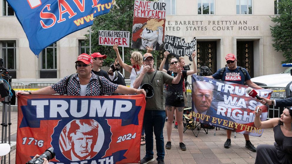 PHOTO: Protesters shout pro-Trump slogans in front of the E. Barrett Prettyman U.S. Courthouse in Washington, D.C., Aug. 3, 2023.