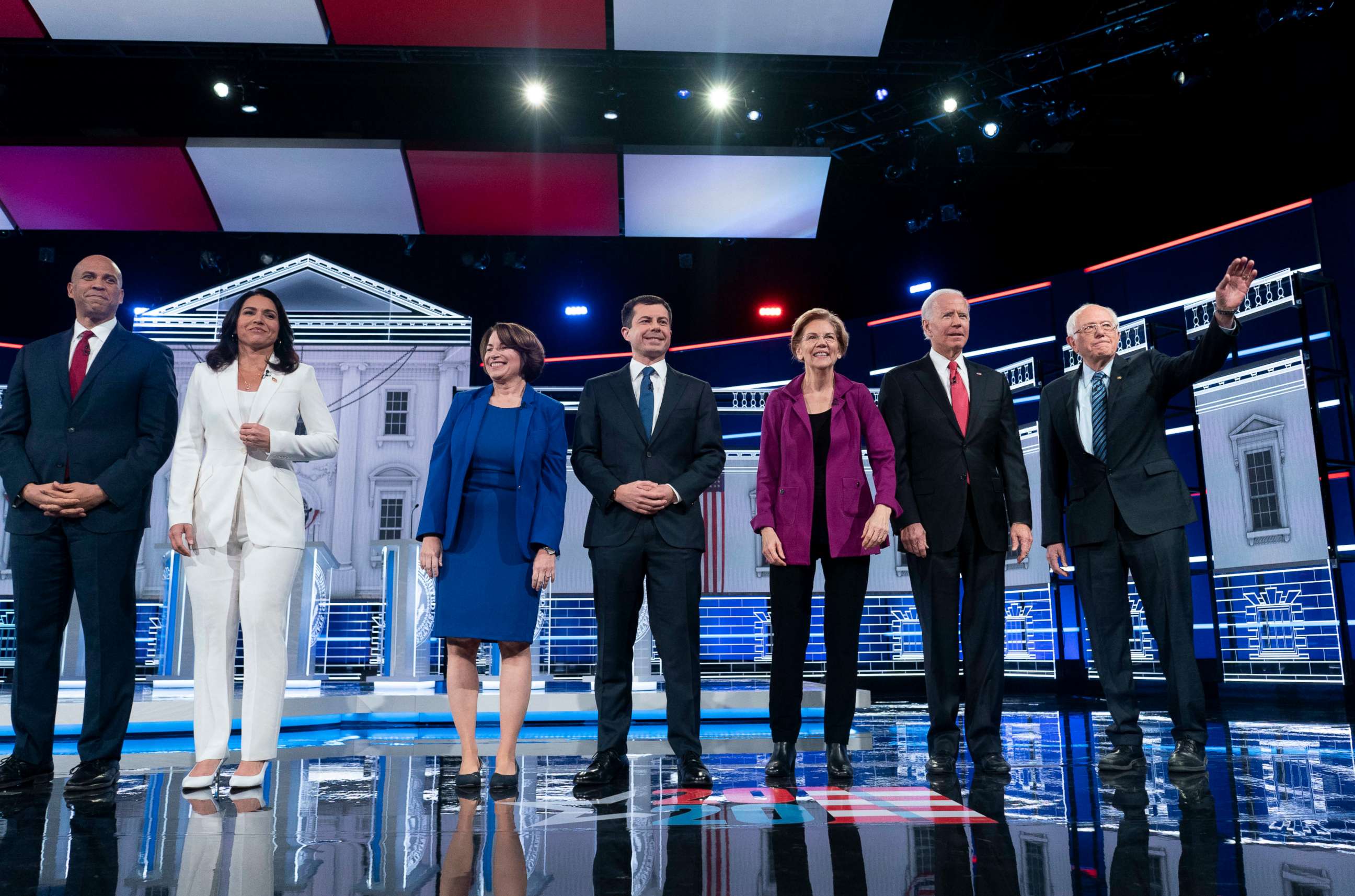 PHOTO: Sen. Amy Klobuchar, South Bend, Ind., Mayor Pete Buttigieg, Sen. Elizabeth Warren, Former vice president Joe Biden, and Sen. Bernie Sanders appear on stage at the start of he Democratic presidential debate at Tyler Perry Studios.