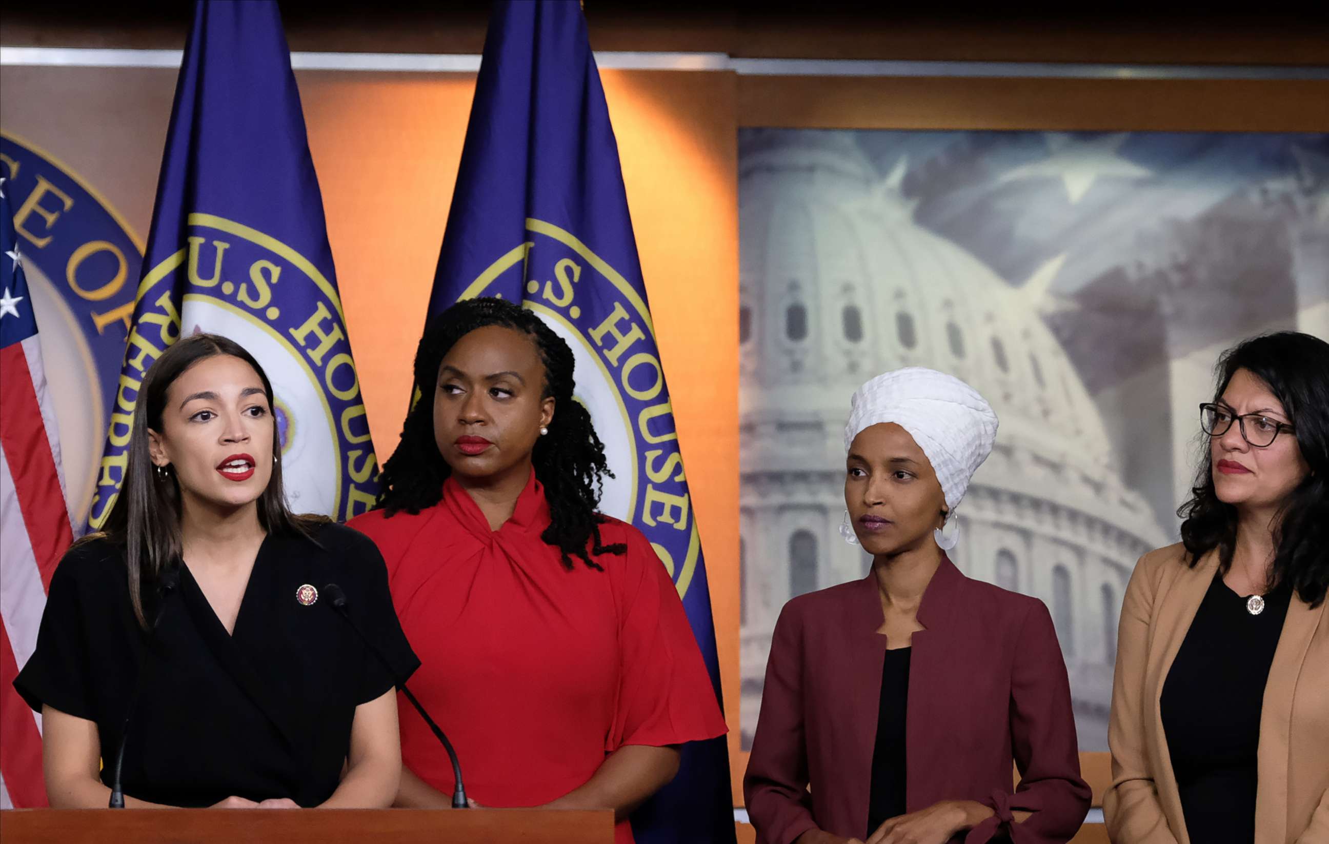 PHOTO: Rep. Alexandria Ocasio-Cortez speaks as Reps. Ayanna Pressley, Ilhan Omar, and Rashida Tlaib listen during a press conference at the U.S. Capitol, July 15, 2019 in Washington, D.C.