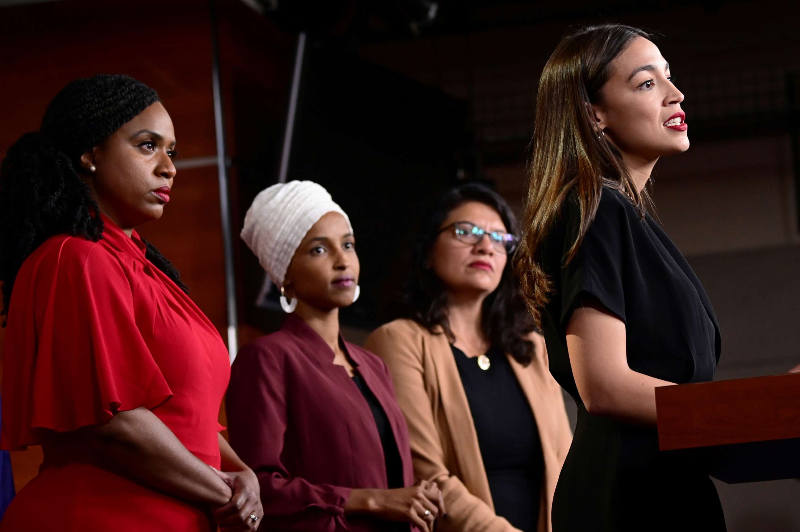 PHOTO: From left, Representatives Ayanna Pressley, Ilhan Omar, Rashida Tlaib and Alexandria Ocasio-Cortez hold a news conference on Capitol Hill in Washington, D.C., July 15, 2019.