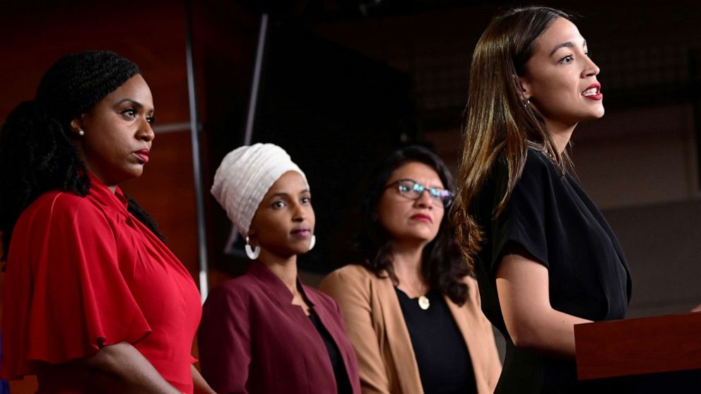 PHOTO: From left, Representatives Ayanna Pressley, Ilhan Omar, Rashida Tlaib and Alexandria Ocasio-Cortez hold a news conference on Capitol Hill in Washington, D.C., July 15, 2019.
