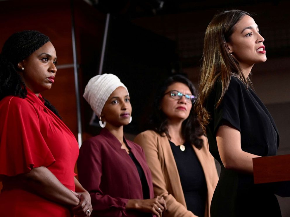 PHOTO: From left, Representatives Ayanna Pressley, Ilhan Omar, Rashida Tlaib and Alexandria Ocasio-Cortez hold a news conference on Capitol Hill in Washington, D.C., July 15, 2019.