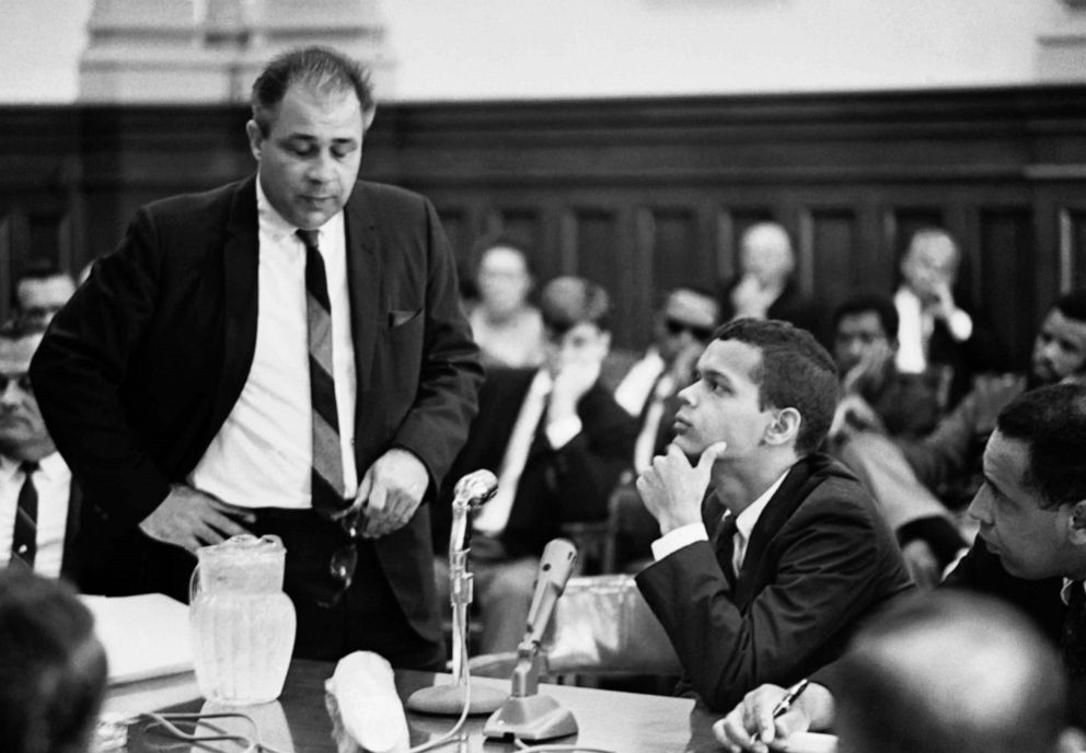 PHOTO: In this file photo, attorney Denmark Groover questions Julian Bond, seated, at a session of the House Rules Committee in Atlanta, May 23, 1966.