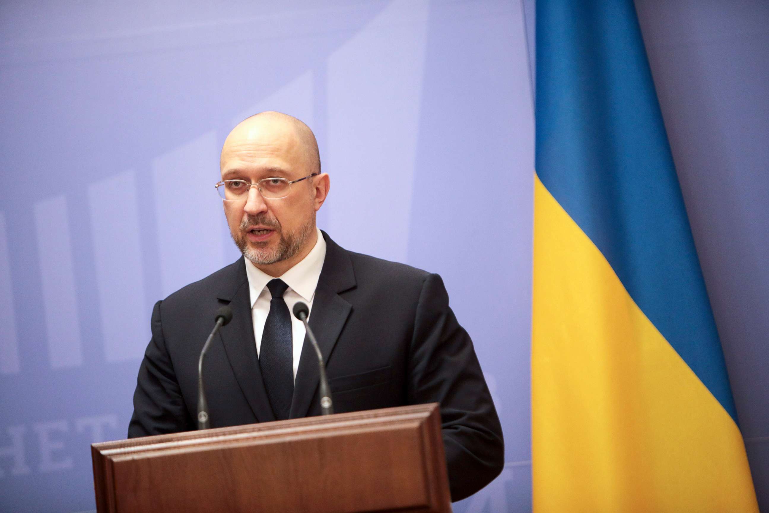 PHOTO: Prime Minister of Ukraine Denys Shmyhal is pictured during a joint briefing with Executive Vice-President of the European Commission Valdis Dombrovskis in Kyiv, Ukraine, Jan. 31, 2022. 