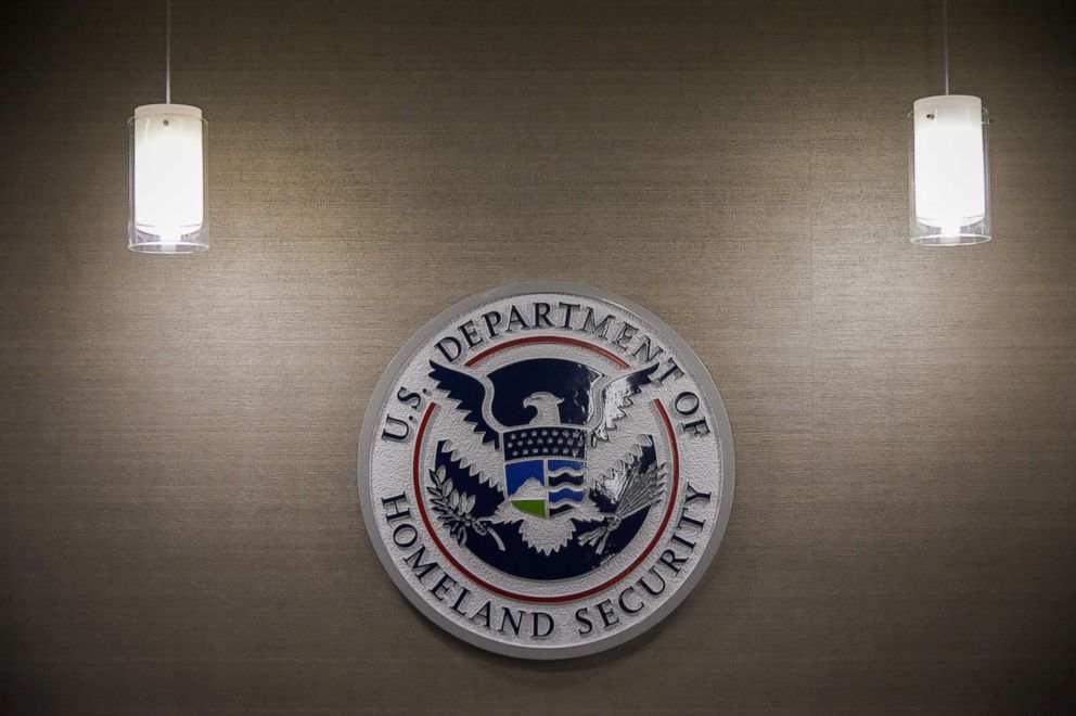 PHOTO: U.S. Department of Homeland Security logo is seen inside press conference room, May 11, 2017, at the U.S. Immigration and Customs Enforcement headquarters in Washington, D.C.