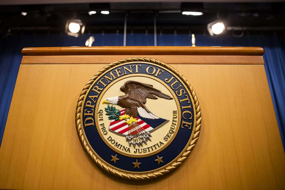 PHOTO: In this Aug. 5, 2021, file photo, the U.S. Department of Justice seal appears on a podium in Washington, D.C.