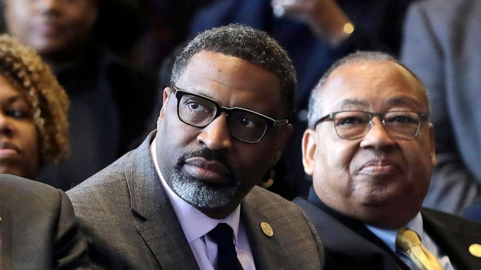 PHOTO: National Association for the Advancement of Colored People President Derrick Johnson, center, Massachusetts Gov. Charlie Baker, left, and NAACP Chairman Leon W. Russell, right, look on during a news conference on Dec. 12, 2019, in Boston.