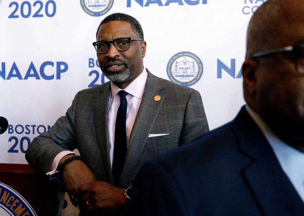 PHOTO: In this Dec. 12, 2019, file photo, National Association for the Advancement of Colored People President Derrick Johnson leans against a podium following a news conference in Boston.
