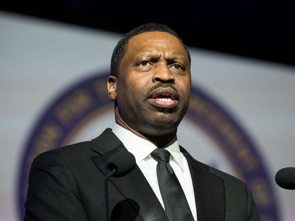 PHOTO: NAACP Interim President Derrick Johnson speaks at the Thailheimer/Freedom Fund Awards Dinner on the last day of the NAACPs 108th Annual Convention, at the Baltimore Convention Center, in Baltimore, Md., July 26, 2017.