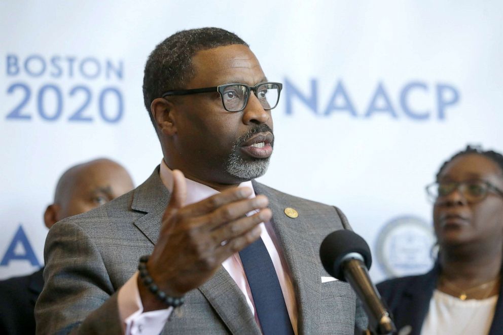 PHOTO: National Association for the Advancement of Colored People President Derrick Johnson talks with reporters during a news conference on Dec. 12, 2019, in Boston.