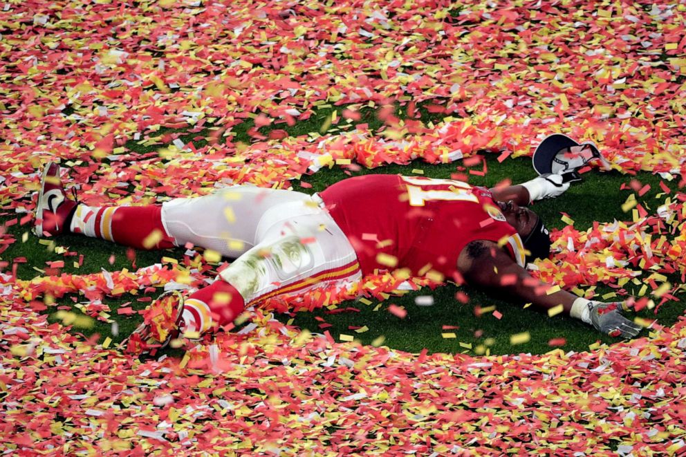 PHOTO: Kansas City Chiefs' Derrick Nnadi plays with the confetti, at the end of the NFL Super Bowl 54 football game against the San Francisco 49ers, Feb. 2, 2020, in Miami Gardens, Fla.
