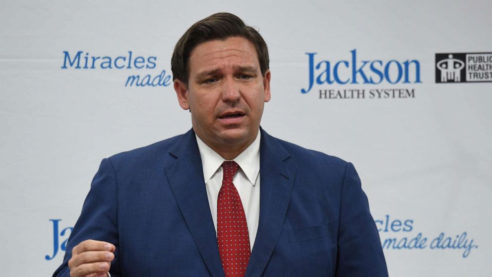 PHOTO: Florida Governor Ron DeSantis speaks as a press conference update on Florida's response to the Coronavirus Pandemic at Jackson Memorial Hospital in Miami, Florida on July 13, 2020.