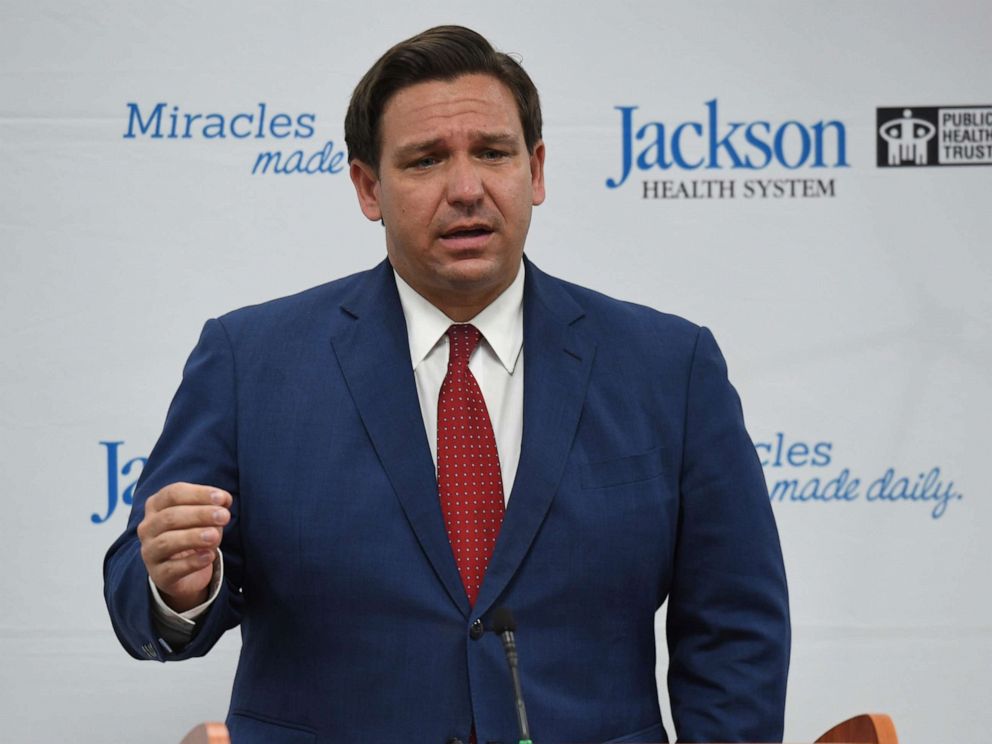 PHOTO: Florida Governor Ron DeSantis speaks as a press conference update on Florida's response to the Coronavirus Pandemic at Jackson Memorial Hospital in Miami, Florida on July 13, 2020.