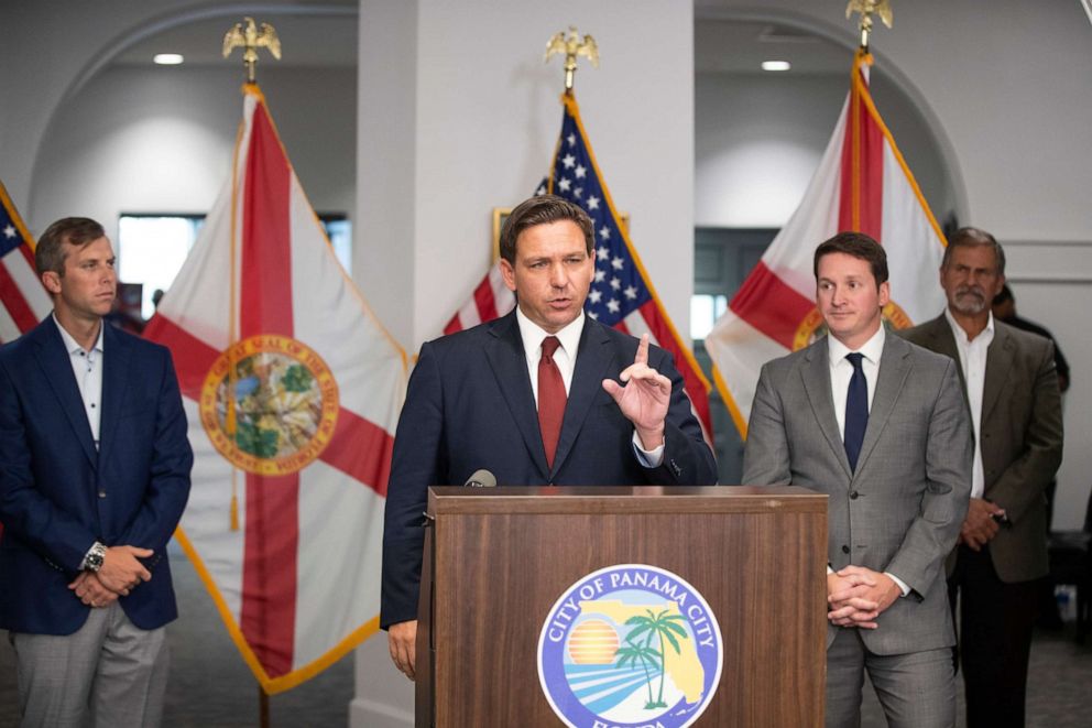 PHOTO: Florida Governor Ron DeSantis speaks at a press conference in Panama City, Fla., on Aug. 4, 2021.