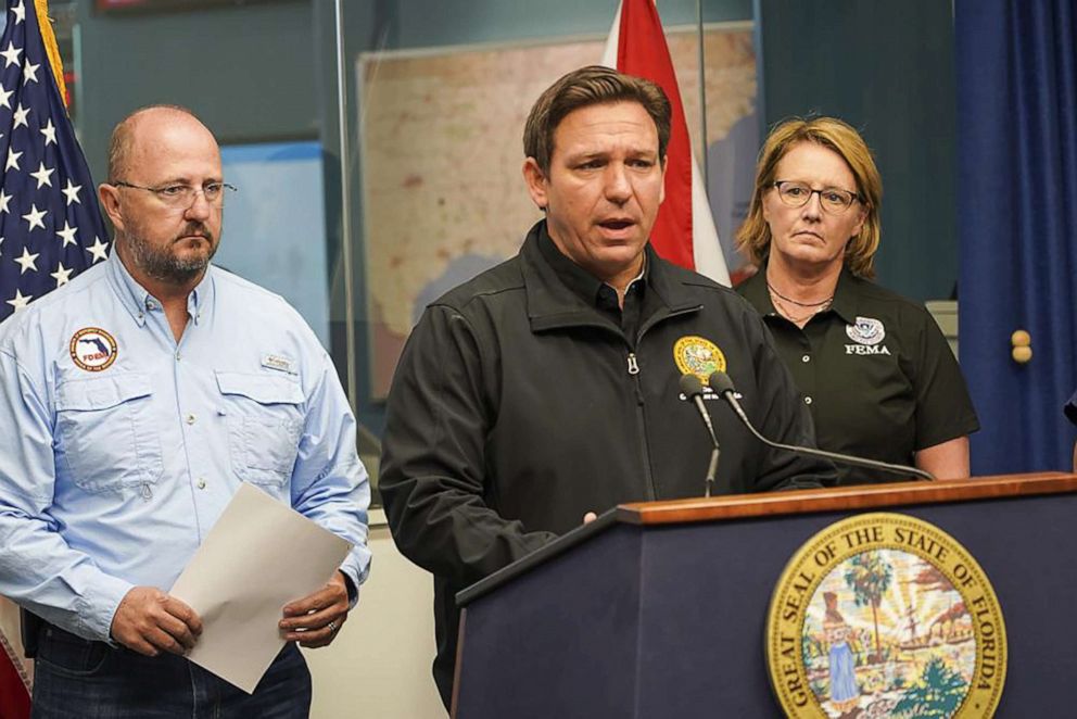 PHOTO: Florida Governor Ron DeSantis giving a briefing on Hurricane Ian recovery with FDEM Director Kevin Guthrie and FEMA Administrator Deanne Criswell, in Tallahassee, Fla., Sept. 30, 2022.