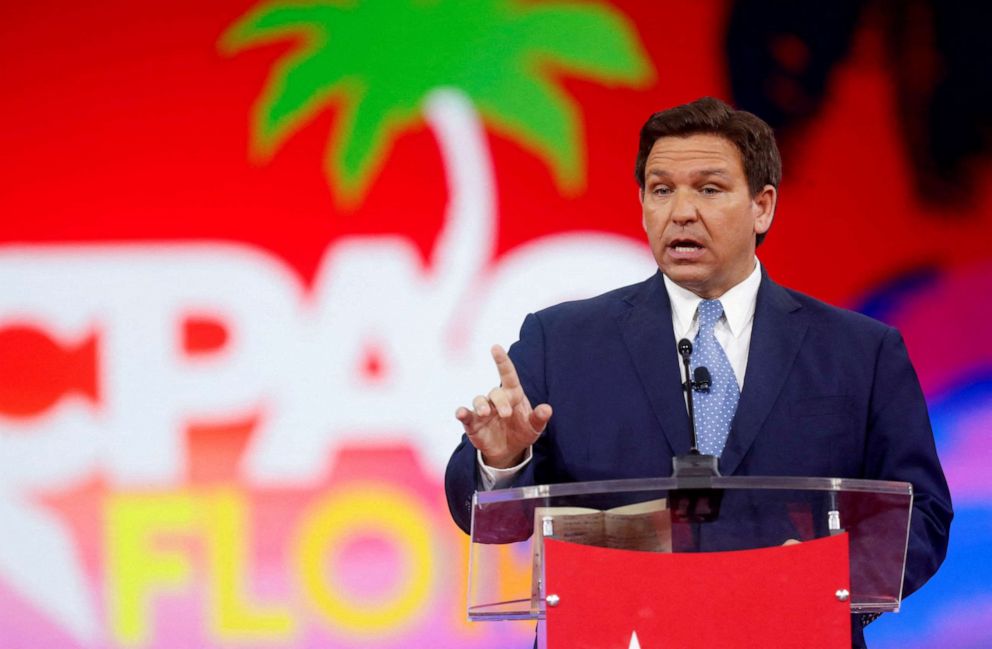 PHOTO: Florida Governor Ron DeSantis speaks at the Conservative Political Action Conference (CPAC) in Orlando, Fla., Feb. 24, 2022. 