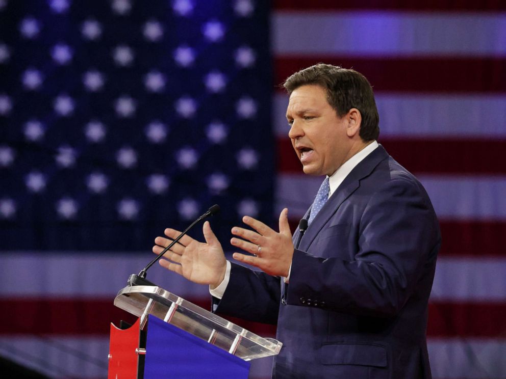 PHOTO: Florida Gov. Ron DeSantis delivers remarks at the 2022 CPAC conference at the Rosen Shingle Creek in Orlando, Fla., Feb. 24, 2022. 