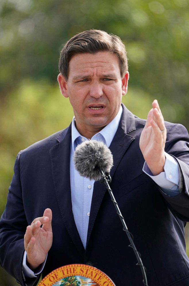 PHOTO: Florida Gov. Ron DeSantis speaks during a news conference, Aug. 3, 2021, in Miami. DeSantis is doubling down as the state again broke its record for COVID-19 hospitalizations. The governor insisted that the spike will be short-lived.