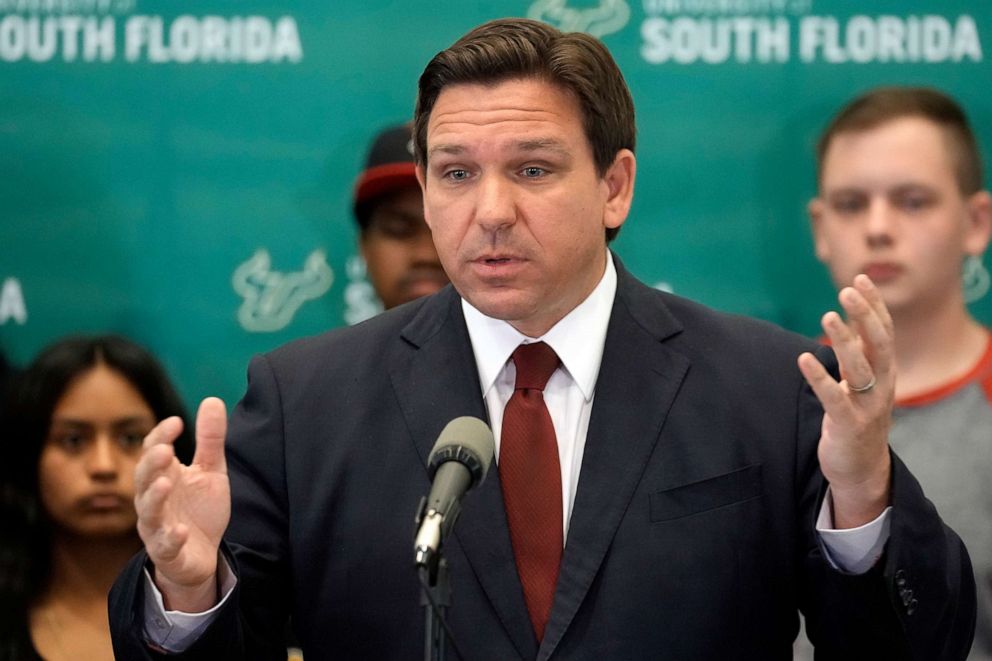 PHOTO: Gov. Ron DeSantis speaks during a news conference at the University of South Florida, on March 2, 2022, in Tampa, Fla.