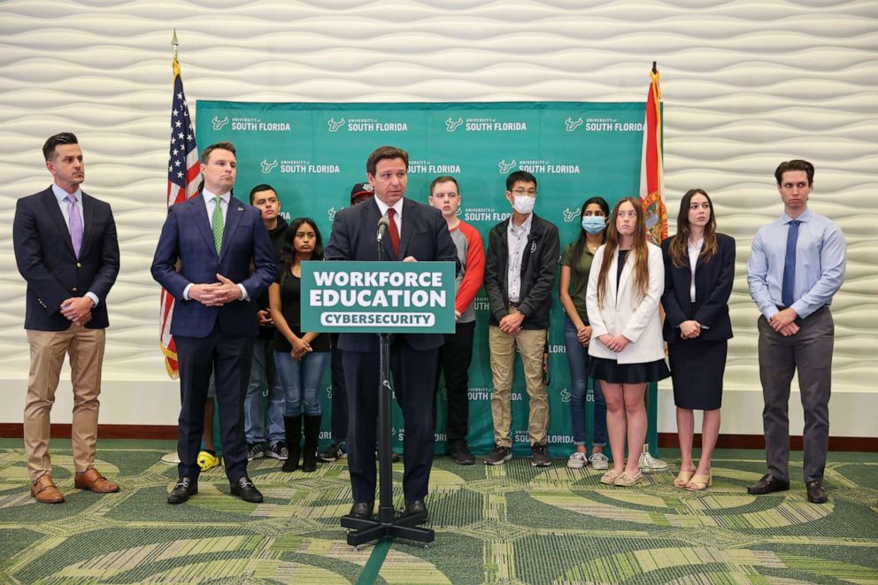 PHOTO: Governor Ron DeSantis speaks at a press conference where he announced a $20 million initiative to create cybersecurity programs at the University of South Florida, March 2 2022 in Tampa, Fla.