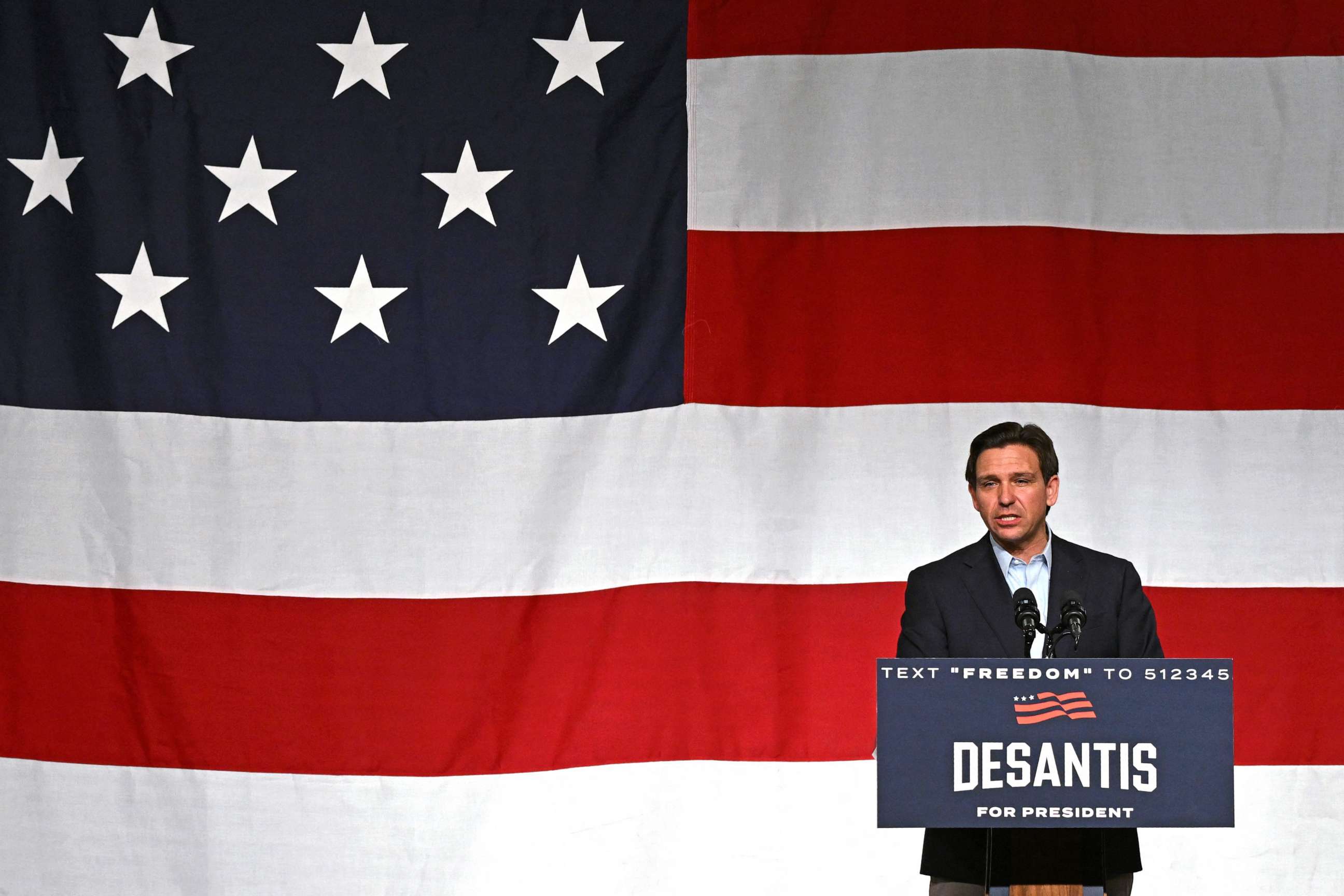 PHOTO: Florida Governor and 2024 Presidential hopeful Ron DeSantis speaks during his campaign kickoff event at Eternity Church in Clive, Iowa, on May 30, 2023.