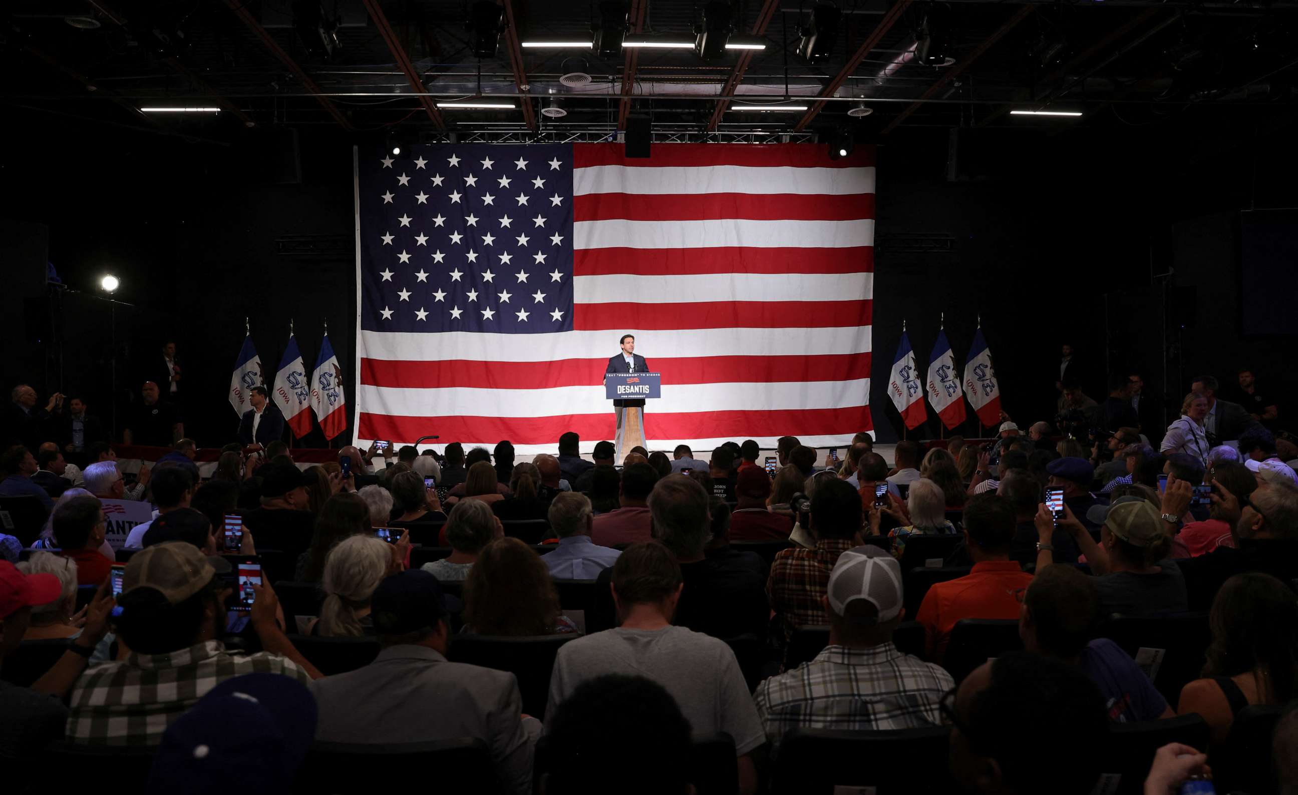 PHOTO: Florida Governor Ron Desantis kicks off his campaign for the 2024 Republican presidential nomination with his first official campaign event being an evening rally at the evangelical Eternity church in West Des Moines, Iowa, May 30, 2023.
