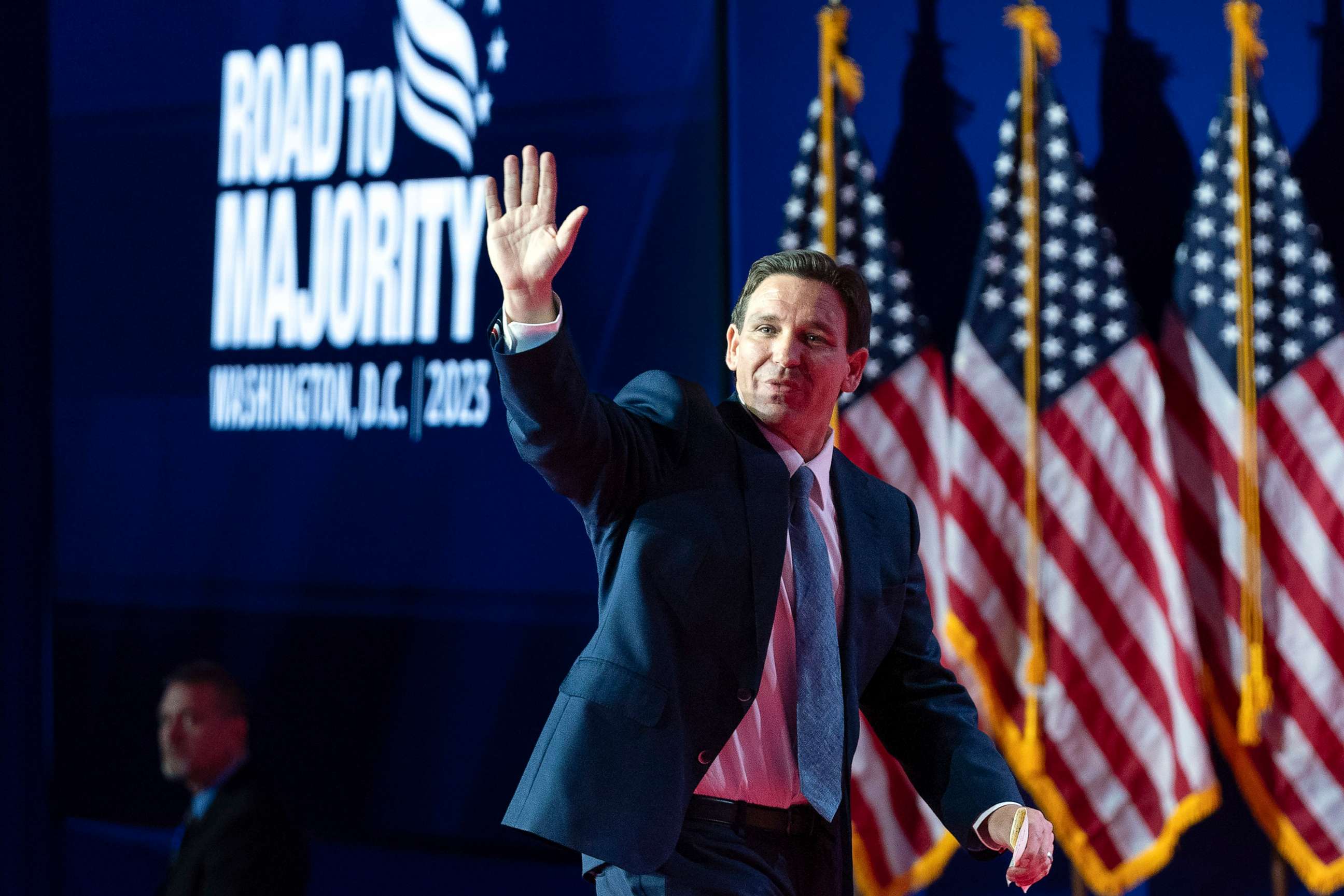 PHOTO: Republican presidential candidate Florida Gov. Ron DeSantis waves to supporters after speaking during the Faith and Freedom Coalition Policy Conference in Washington, D.C., June 23, 2023.