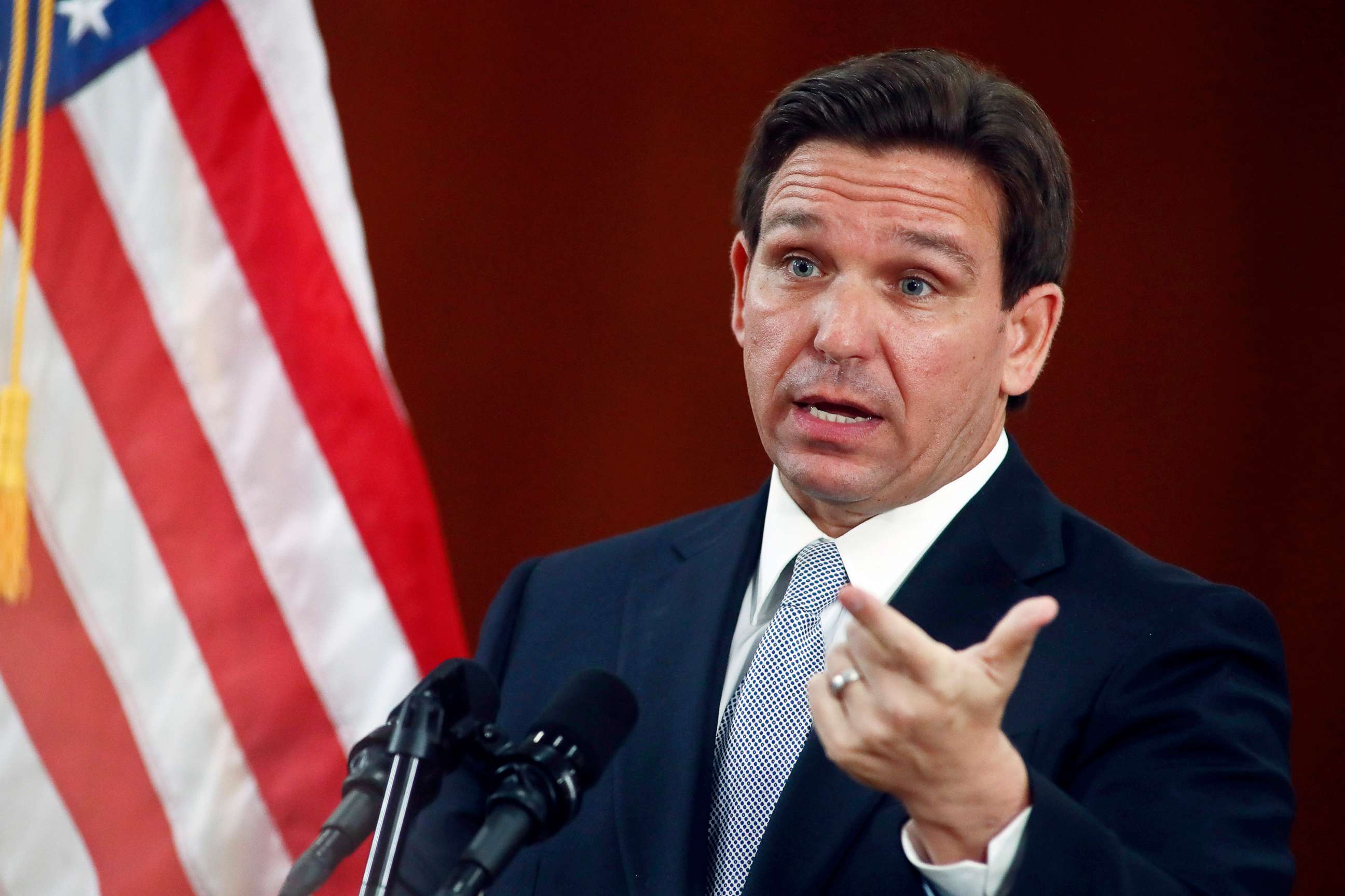 PHOTO: Florida Gov. Ron DeSantis answers questions from the media in the Florida Cabinet following his State of the State address during a joint session of the Senate and House of Representatives, March 7, 2023, at the Capitol in Tallahassee, Fla.