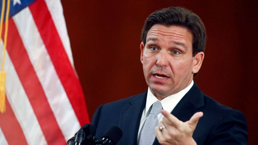 PHOTO: Florida Gov. Ron DeSantis answers questions from the media in the Florida Cabinet following his State of the State address during a joint session of the Senate and House of Representatives, March 7, 2023, at the Capitol in Tallahassee, Fla.