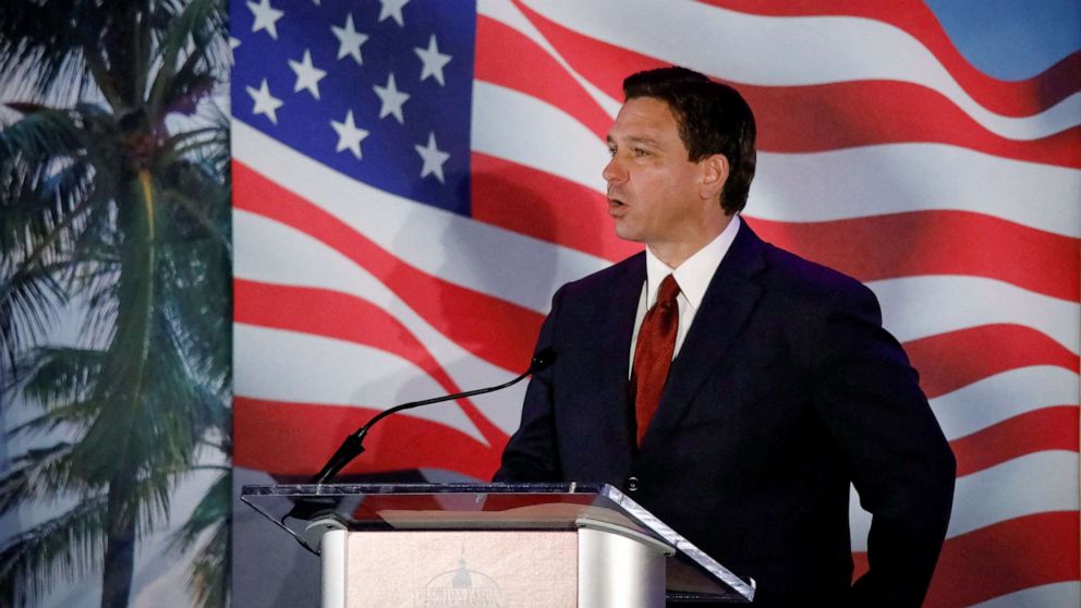 PHOTO: Florida Governor Ron DeSantis speaks during the Florida Family Policy Council Annual Dinner Gala, in Orlando, Fla., May 20, 2023.