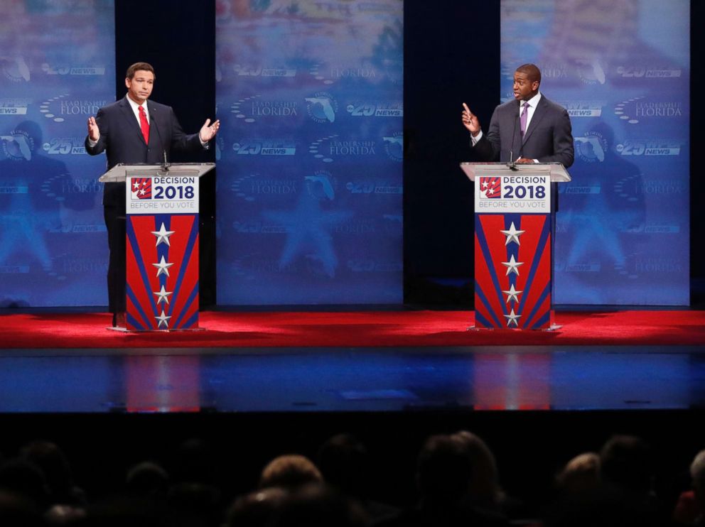 PHOTO: Republican Ron DeSantis and Democrat Andrew Gillum debate at Broward College, Oct. 24, 2018,  in Davie, Fla.