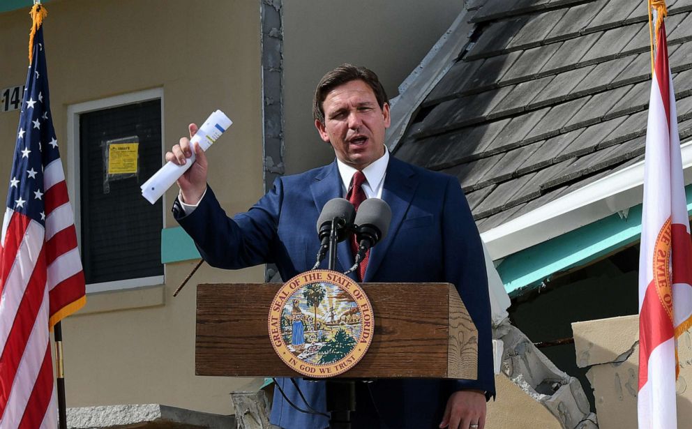 PHOTO: Florida Gov. Ron DeSantis speaks at a press conference to announce the award of $100 million for beach recovery following Hurricanes Ian and Nicole in Daytona Beach Shores in Florida, Jan. 18, 2023.