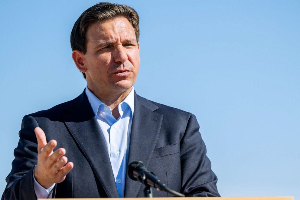 PHOTO: Florida Gov. Ron DeSantis speaks to members of the media and site workers at the Permian Deep Rock Oil Company site during a campaign event, Sept. 20, 2023, in Midland, Texas.