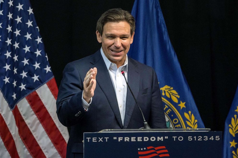 PHOTO: Republican presidential candidate Florida Gov. Ron DeSantis delivers remarks during his Our Great American Comeback Tour stop, on June 1, 2023, in Laconia, New Hampshire.