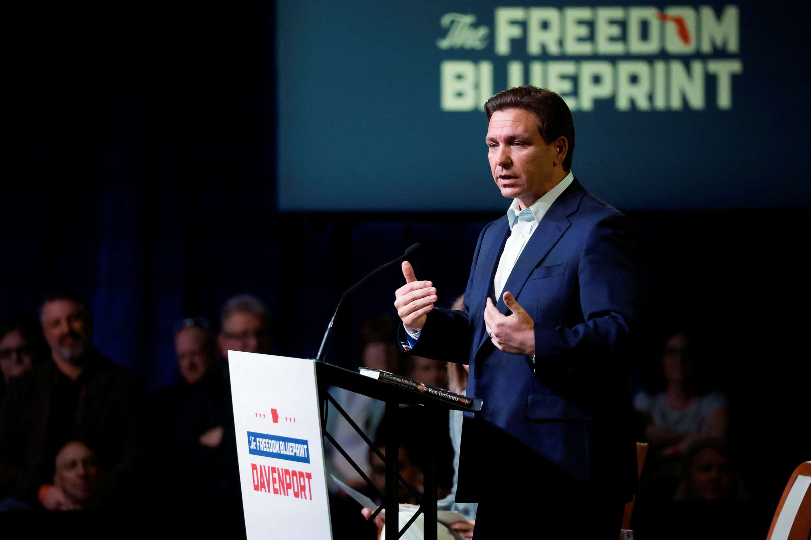 PHOTO: Florida Governor Ron DeSantis makes his first trip to the early voting state of Iowa on a book tour stop, in Davenport, Iowa, March 10, 2023.