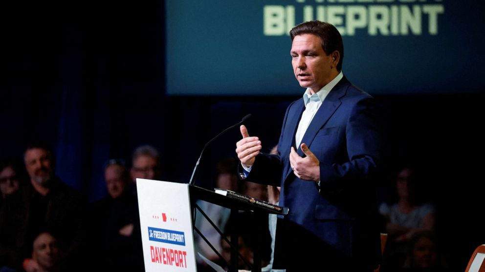 PHOTO: Florida Governor Ron DeSantis makes his first trip to the early voting state of Iowa on a book tour stop, in Davenport, Iowa, March 10, 2023.