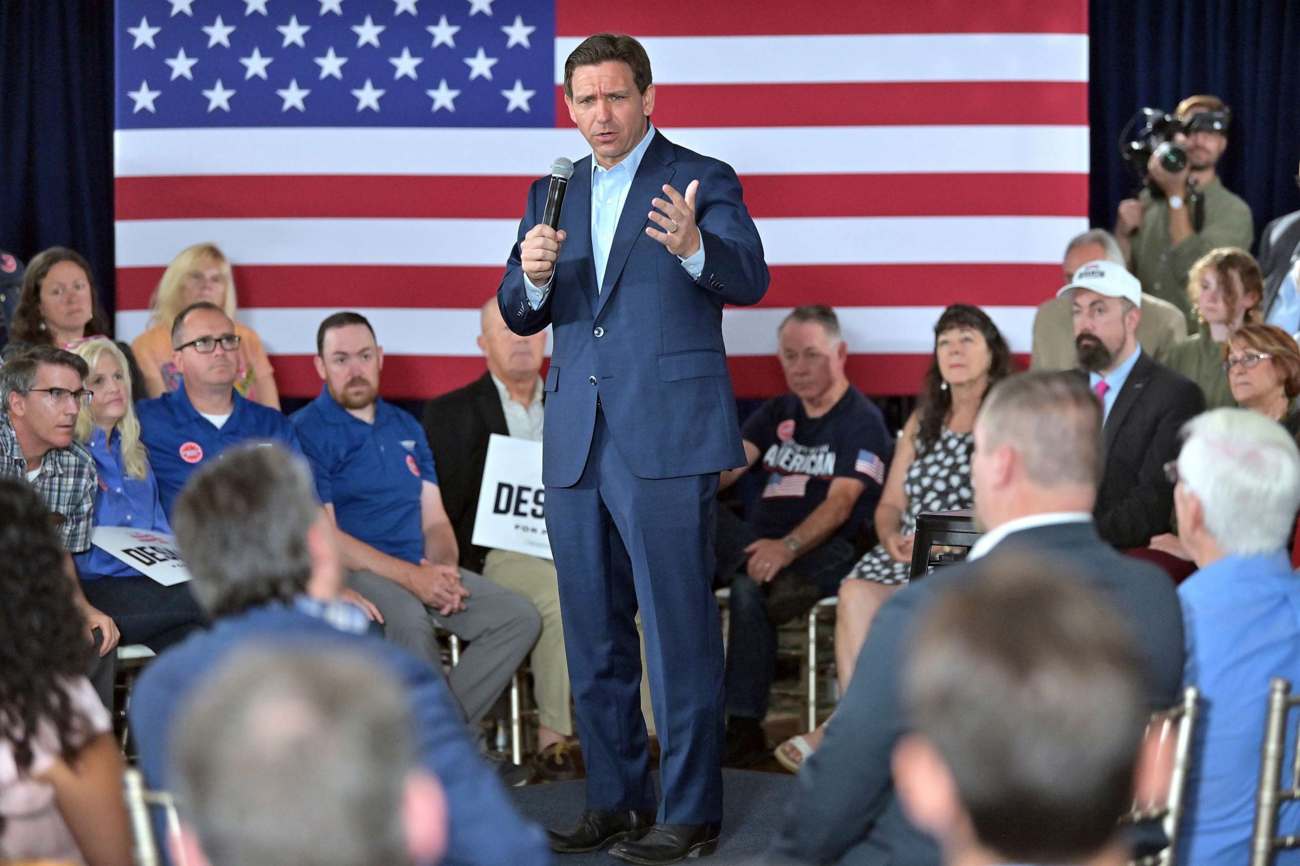 PHOTO: Republican presidential candidate Florida Gov. Ron DeSantis speaks during a town hall event in Hollis, N.H., June 27, 2023.