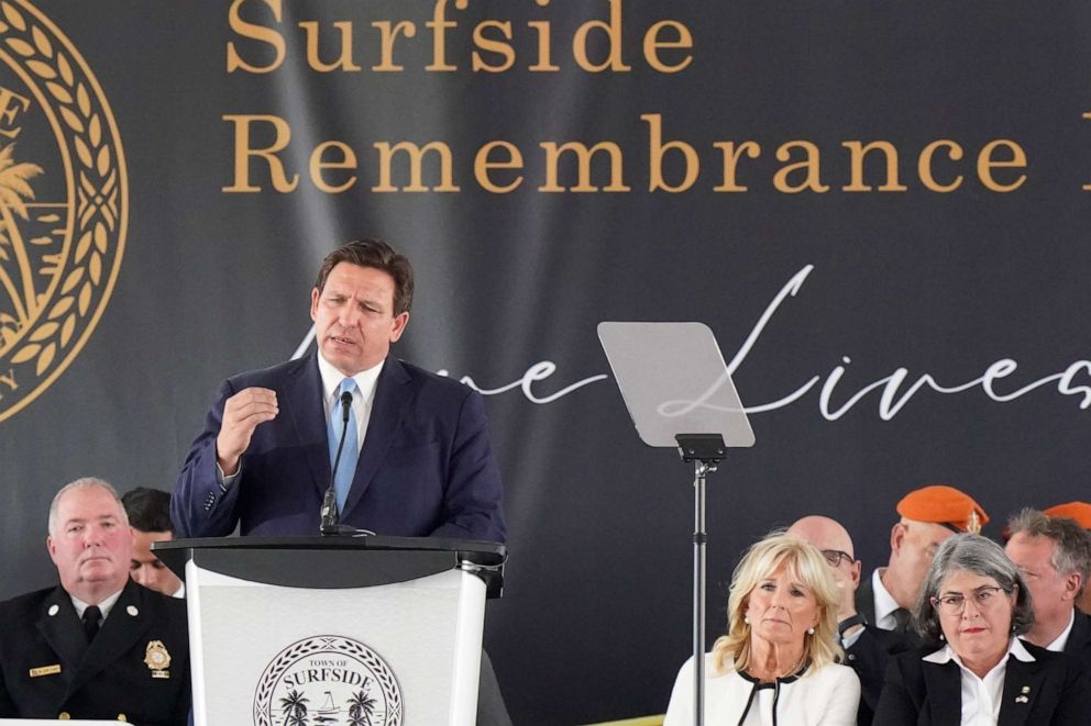 PHOTO: Florida Gov. Ron DeSantis speaks during a remembrance event at the site of the Champlain Towers South building collapse, June 24, 2022, in Surfside, Fla.