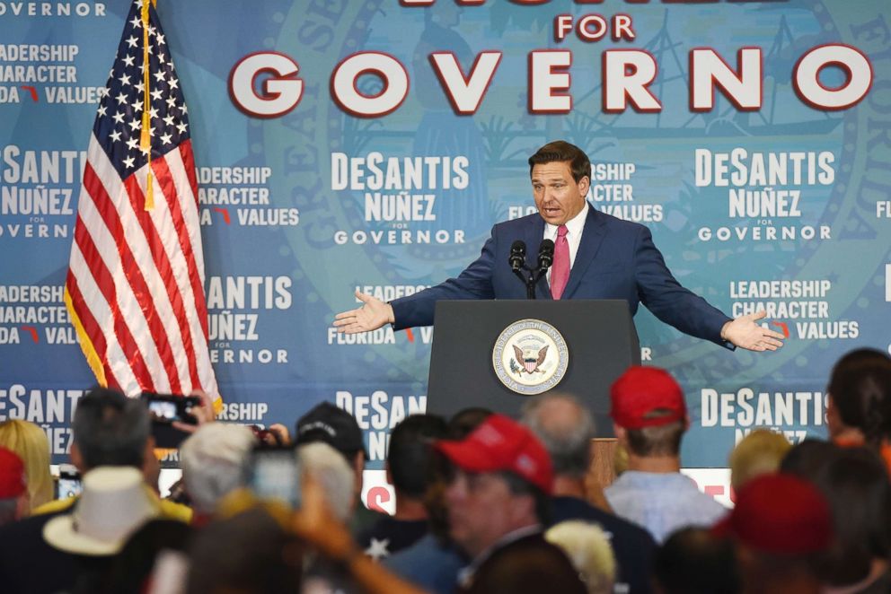 PHOTO: Florida Republican gubernatorial candidate Ron DeSantis addresses the audience during his Jacksonville campaign stop, Oct. 25, 2018.