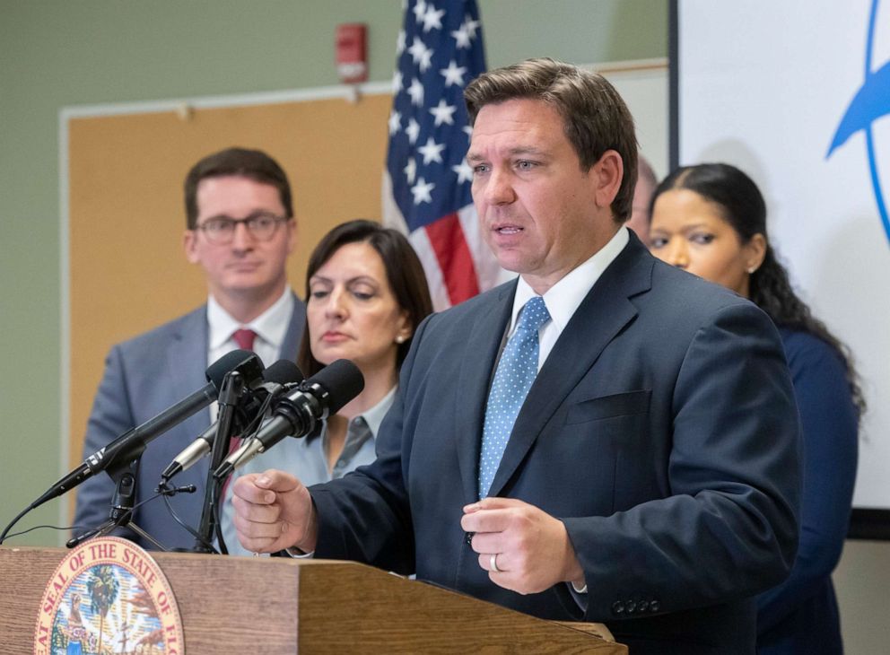 PHOTO: Governor Ron DeSantis speaks at a press conference at the Bay County Emergency Operations Center in Southport, Fla., on March 8, 2022.