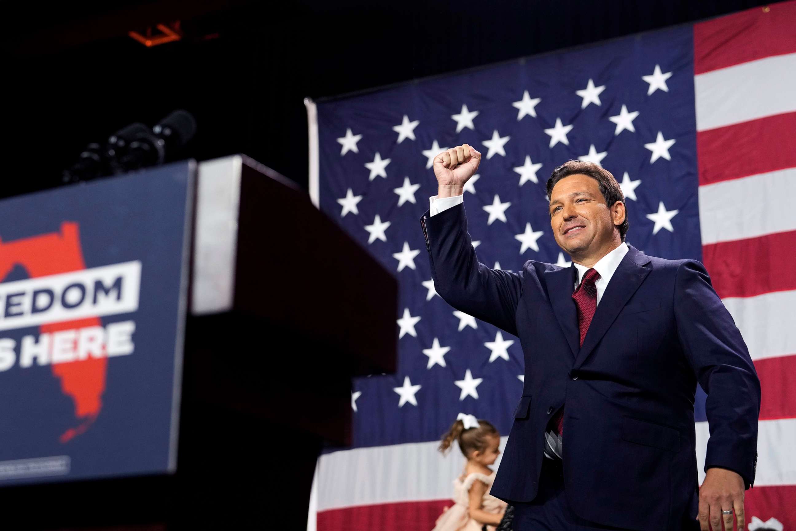 PHOTO: Incumbent Florida Republican Gov. Ron DeSantis arrives to speak to supporters at an election night party after winning his race for reelection in Tampa, Fla., Nov. 8, 2022.