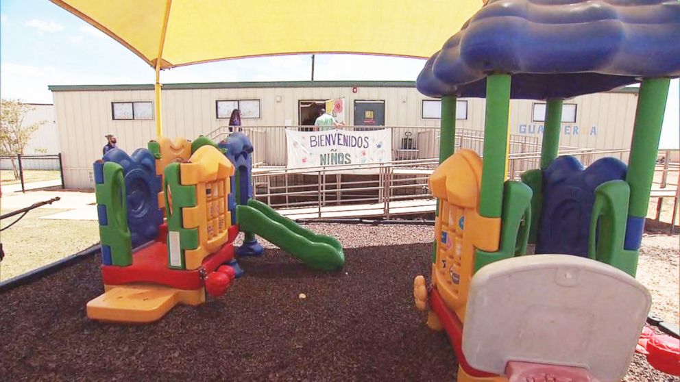 PHOTO: A sign welcomes young children to the daycare center at the Immigration and Customs Enforcement family detention center in Dilley, Texas on August 23, 2019.