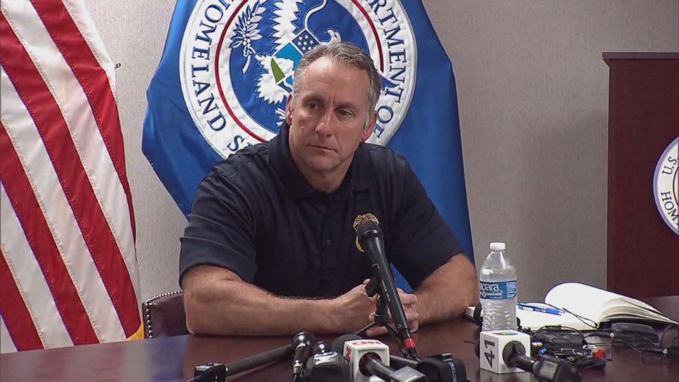 PHOTO: Immigration and Customs Enforcement acting Director Matthew Albence addresses reporters following a tour of his agency's family detention center in Dilley, Texas, on August 23, 2019.