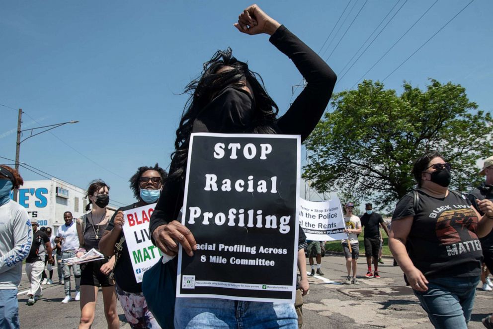 PHOTO: In this June 9, 2021, file photo, a coalition of activists marched down 8 Mile Road to protest police brutality and racial profiling that occurs across the 8 Mile dividing line between Detroit city proper and the Metro Detroit suburbs.