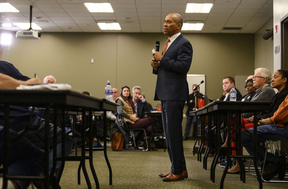 PHOTO: Democratic presidential candidate Deval Patrick speaks at a meeting of the Polk County Democrats on Nov. 18, 2019, in Des Moines, Iowa.